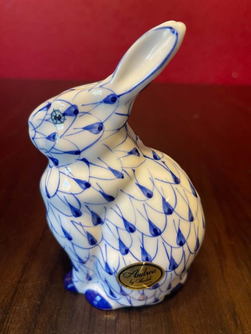 Andrea by Sadek Blue and White Handpainted Porcelain Bunny Rabbit Figurine
